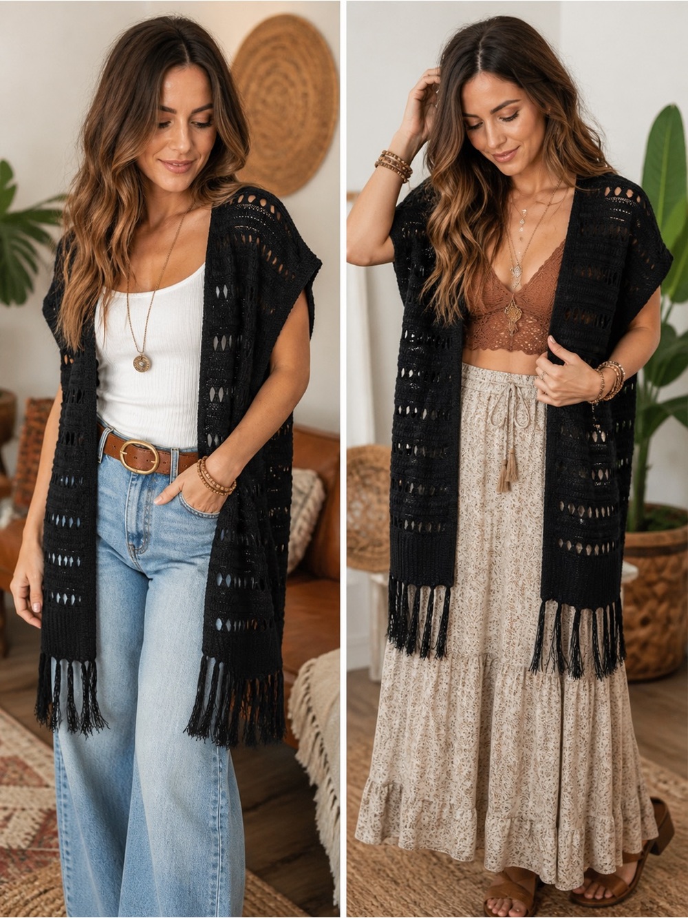 Black Open-Knit Fringe Cardigan Vest - Women